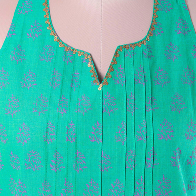 Cotton blouse, 'Amethyst Aura' - Block-Printed Cotton Blouse in Meadow from India