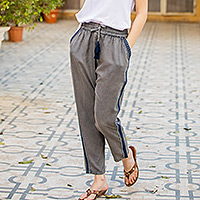 Viscose pants, 'Navy Sophistication' - Dusty Grey Viscose Pants with Navy Stripes from India