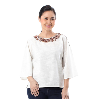Cotton blouse, 'Vibrant Waves in Eggshell' - Cotton Blouse in Eggshell from Thailand