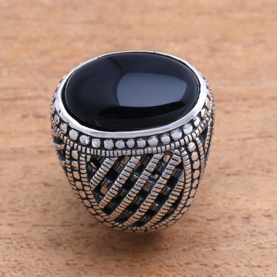 Onyx single-stone ring, 'Oval Power' - Oval Black Onyx Single-Stone Ring Crafted in Bali