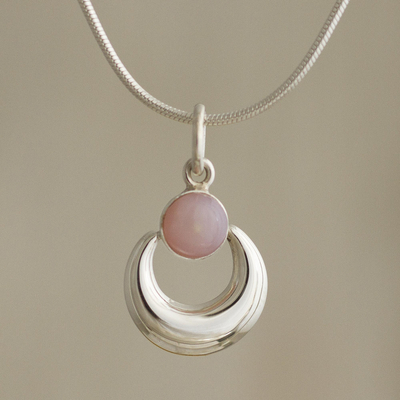 Opal pendant necklace, 'Crowned Crescent' - Sterling Silver and Pink Opal Necklace from Peru