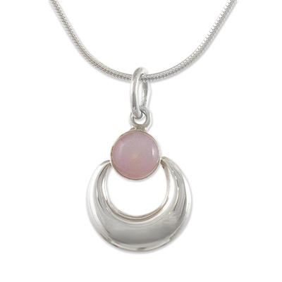 Opal pendant necklace, 'Crowned Crescent' - Sterling Silver and Pink Opal Necklace from Peru