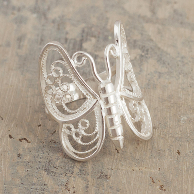 Sterling silver filigree cocktail ring, 'Wings of Lace' - Artisan Crafted Filigree Butterfly Ring