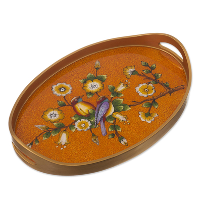 Reverse-painted glass tray, 'Birds of a Feather in Spice' - Spice Colored Reverse Painted Glass Serving Tray