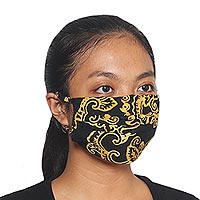 3 Black and Yellow Pleated Rayon Batik Face Masks,'Golden Island Foliage'