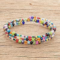 Glass and crystal beaded wrap bracelet, 'Happiness and Harmony'