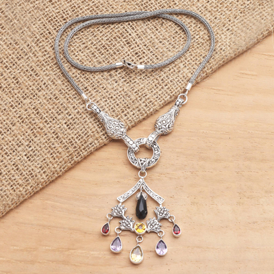 Multi-gemstone pendant necklace, 'Rainbow Chandelier ' - Hand Made Amethyst and Garnet Pendant Necklace