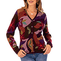 100% alpaca cardigan, 'Blooming Landscape' - 100% Alpaca Multi-Color Floral Motif Cardigan Sweater