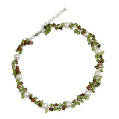 Cultured pearl and peridot beaded choker, 'Luscious Chic' - Hand Knotted Pearl Peridot and Unakite Choker Necklace