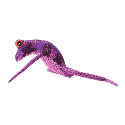Wood alebrije sculpture, 'Ballerina Frog' - Hand-Painted Purple Frog Wood Alebrije Sculpture from Mexico