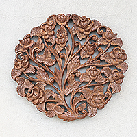 Teak wood relief panel, 'Rose Bouquet' - Rose Flower Teak Wood Relief Panel from Thailand