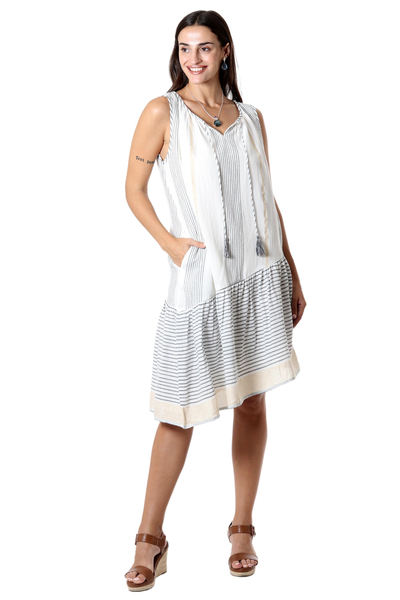 Hand woven cotton dress, 'Sailing Stripes' - Hand Woven Asymmetrical Striped Cotton Dress