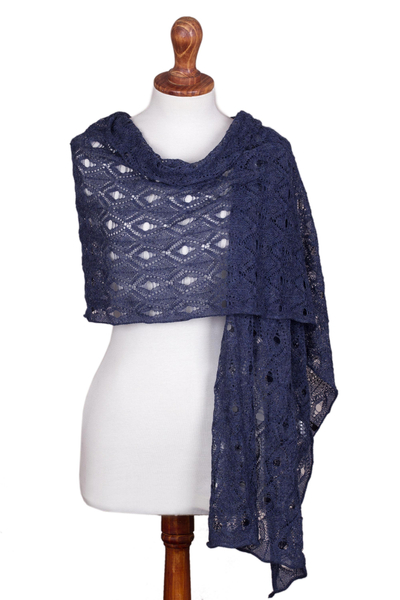 100% alpaca shawl, 'Breezy Skies in Blue' - 100% Alpaca Crocheted Shawl in Blue from Peru
