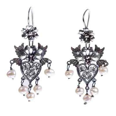 Cultured pearl filigree chandelier earrings, 'Dove Romance in White' - Handmade Filigree Earrings with Cultured Pearls