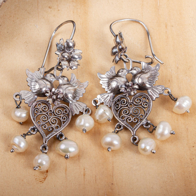 Cultured pearl filigree chandelier earrings, 'Dove Romance in White' - Handmade Filigree Earrings with Cultured Pearls