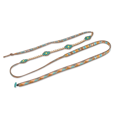 Glass beaded wrap bracelet, 'Las Flores' - Aqua & Earthtone Glass Bead Wrap Bracelet from Guatemala