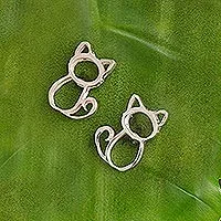 Sterling silver stud earrings, 'Cats' - Sterling Silver Stud Earrings with Cats