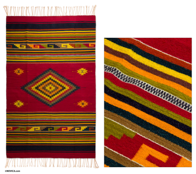 Zapotec wool rug, 'Golden Diamonds' (5x8) - Handwoven Zapotec Red Wool Rug with Diamond Motifs (5x8)