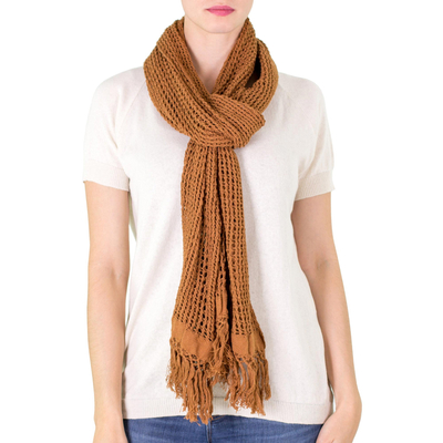 Cotton scarf, 'Honey Lattice' - Unique Handwoven Cotton Scarf