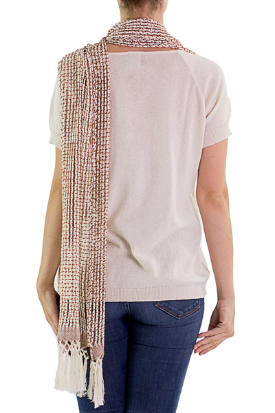 Natural cotton scarf, 'Subtle Illusion in Sepia' - Hand Woven Cotton Scarf Champagne Sepia from Guatemala
