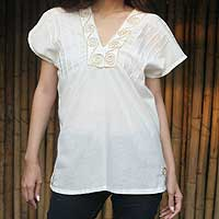 Cotton blouse, 'Ivory Melody' - Handmade Embroidered Cotton Blouse