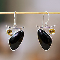 Obsidian and citrine dangle earrings, 'Dewdrop' - Obsidian and citrine dangle earrings