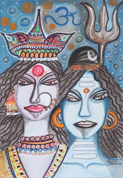 'Shiva & Parvati' - Signed Watercolor Painting Shiva & Parvati