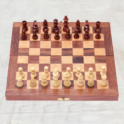 Wood chess set, 'Masters' - Babul Acacia Haldu Wood Chess Set Convertible Storage Box