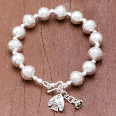 Silver beaded bracelet, 'Karen Dance' - Fish-Themed Karen Silver Beaded Bracelet from Thailand