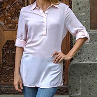 Long rayon tunic, 'New Tiara' - Sheer Peach Rayon Balinese Collar Blouse Pullover