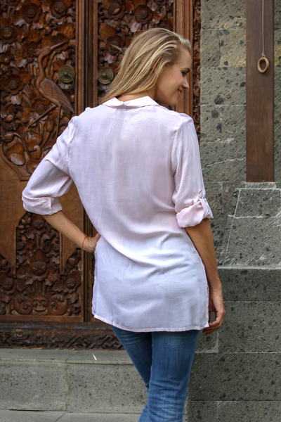 Long rayon tunic, 'New Tiara' - Sheer Peach Rayon Balinese Collar Blouse Pullover