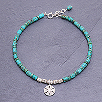 Reconstituted turquoise bead charm anklet, 'Sea to Sea' - Reconstituted Turquoise Beaded Sand Dollar Anklet