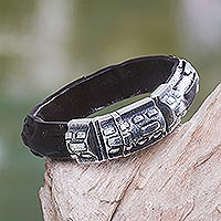 Men's sterling silver and leather bracelet, 'Woodsman' - Men's Sterling Silver and Leather Wristband Bracelet