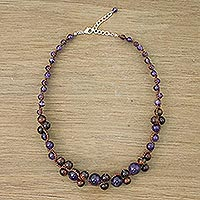Amethyst and tiger's eye beaded necklace, 'Purple Runway Chic' - Handmade Tigers Eye Amethyst Beaded Necklace Thailand