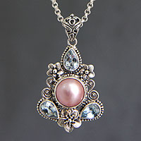 Cultured pearl and blue topaz floral necklace, 'Pink Frangipani Trio' - Unique Pearl and Blue Topaz Pendant Necklace