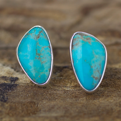 Turquoise button earrings, 'Allure' - Modern Fine Silver Button Earrings with Natural Turquoise