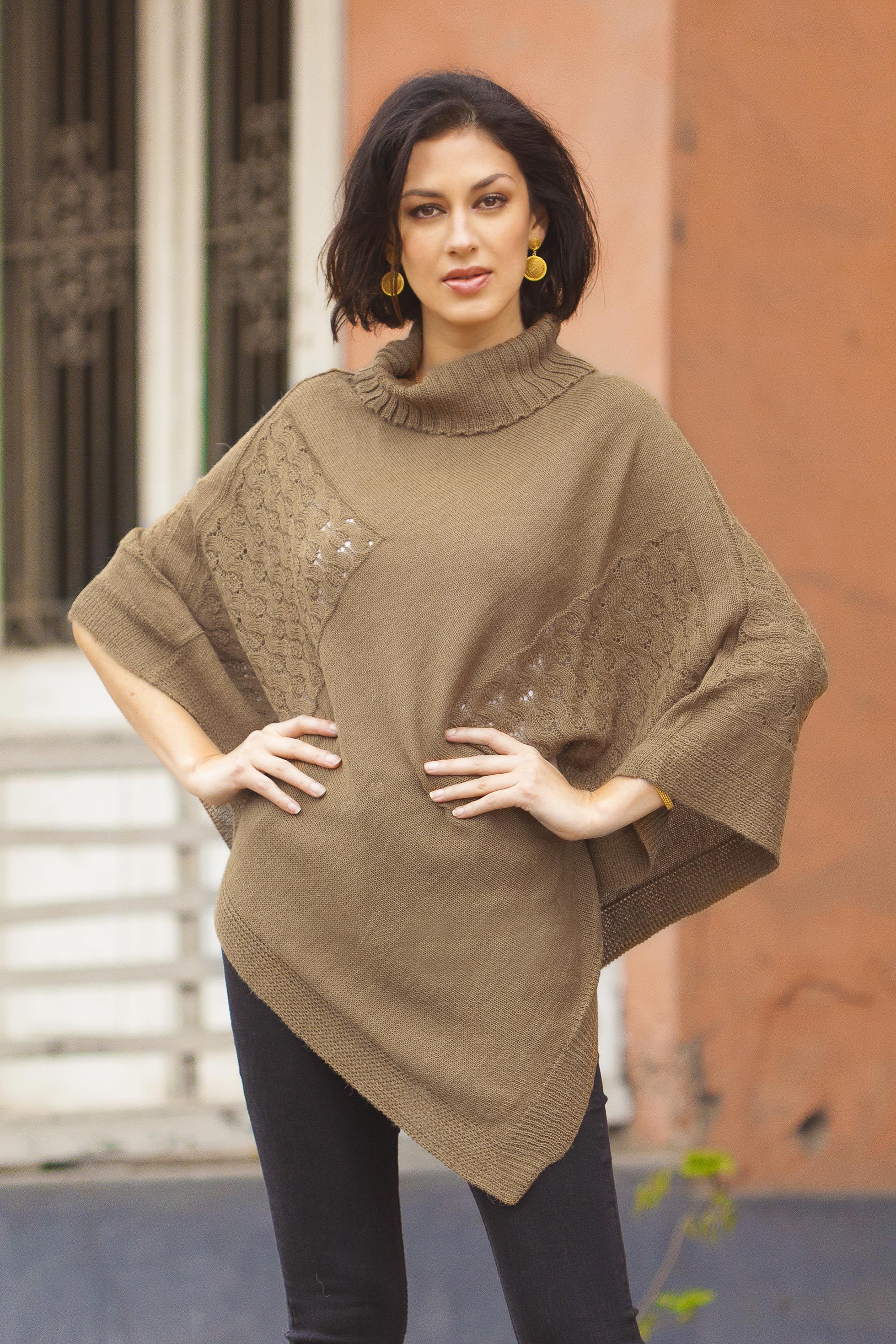 Brown Poncho with Turtleneck from Peru - Copper Reality Squared | NOVICA
