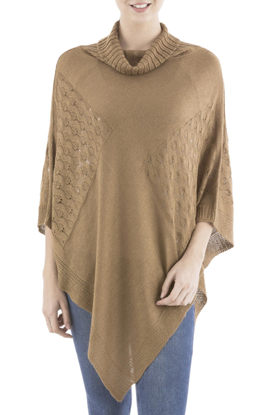 Knit poncho, 'Copper Reality Squared' - Brown Poncho with Turtleneck from Peru