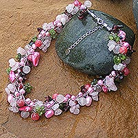 Multi-gemstone beaded necklace, 'Heritage' - Beaded Necklace with Peridot, Rose Quartz and Cultured Pearl