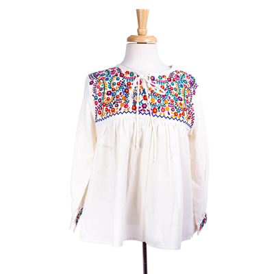 Cotton blouse, 'Oaxaca Blossoms' - Hand Embroidered White Cotton Oaxaca Style Blouse
