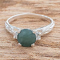 Jade cocktail ring, 'Sparkling Lagoon' - Green Jade and Sterling Silver with Leaf Motif Cocktail Ring