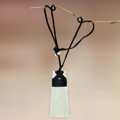 Pendant necklace, 'Peace and Stillness' - Hand Carved Bone Pendant Necklace with Black Cords