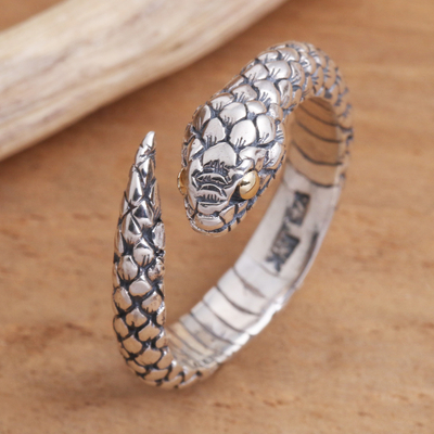 Gold-accented sterling silver wrap ring, 'Eye of the Serpent' - Realistic Sterling Silver Snake Wrap Ring