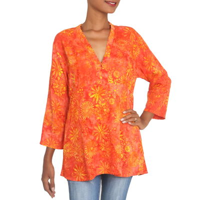 Rayon batik tunic, 'Daisy Cheer' - Handmade V-Neck Orange Floral Batik Rayon Tunic