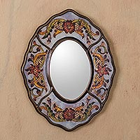 Reverse painted glass mirror, 'White Colonial Wreath' - Aged White Reverse Painted Glass Wall Mirror from Peru