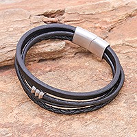 Leather cord bracelet, 'Free Spirited in Black' - Leather Cord Bracelet in Black from Thailand