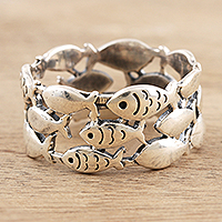 Sterling silver band ring, 'Fish School'