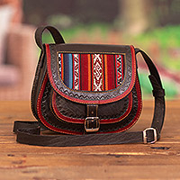 Wool accent leather sling bag, 'Trail Companion'