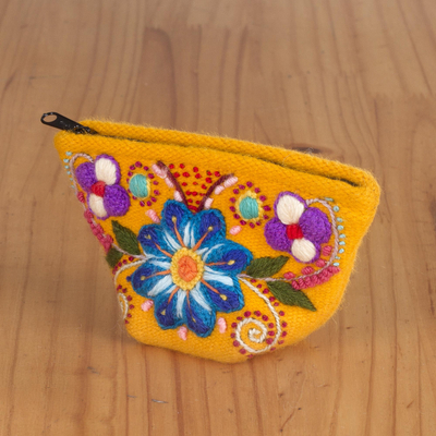 Alpaca blend coin purse, 'Bouquet Shopper' - Floral Alpaca Blend Coin Purse in Marigold from Peru
