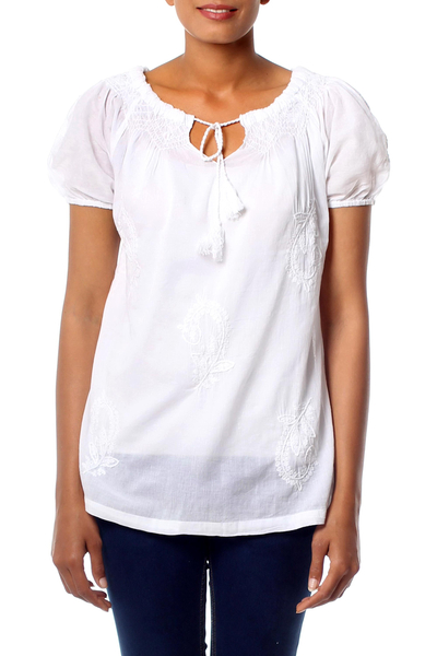 White Cotton Blouse with Lavish Hand Embroidery - Lily of the